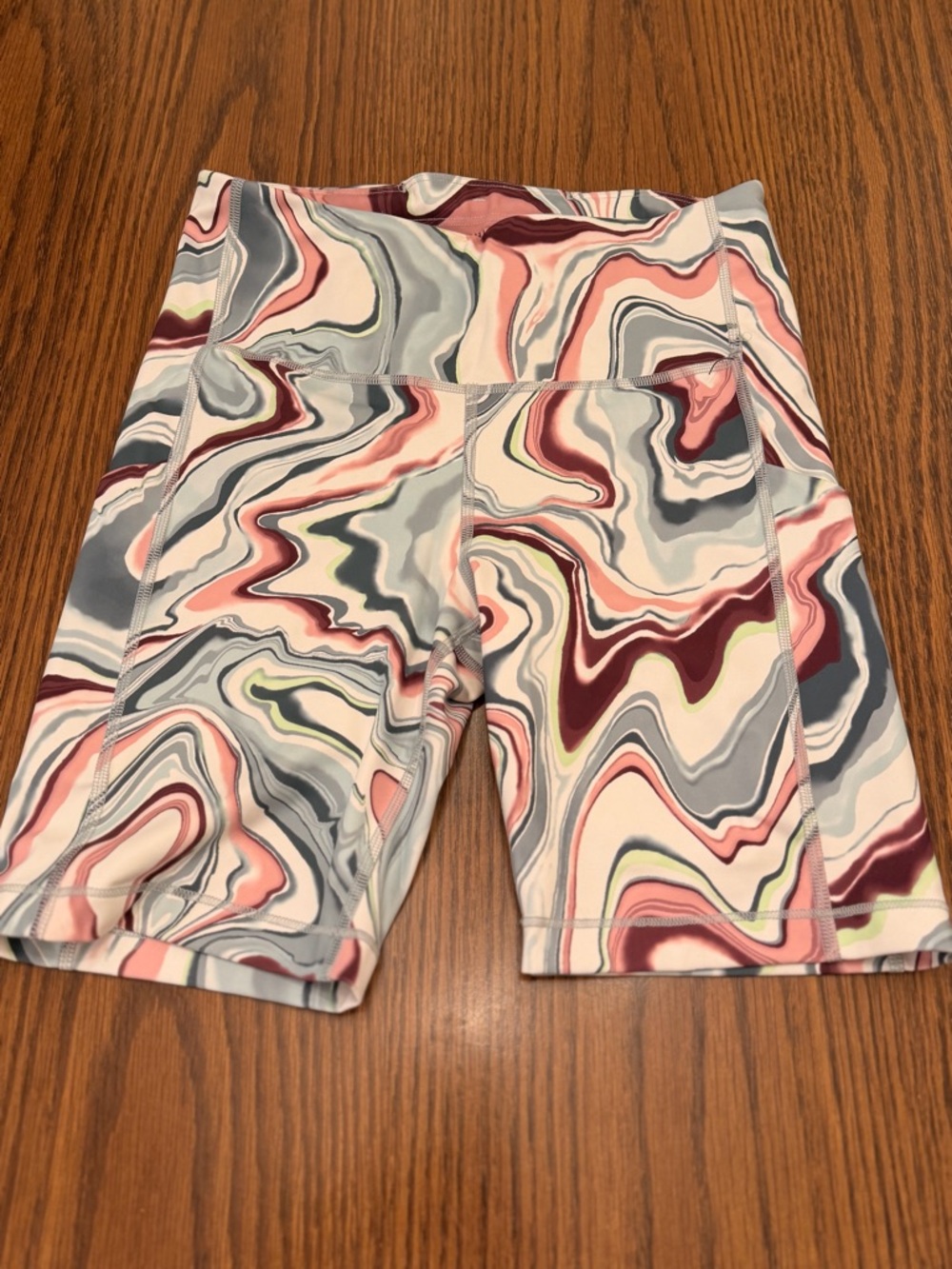 Athleta Marble-Swirl High-Rise Bike Shorts in Pink, Gray & Burgundy